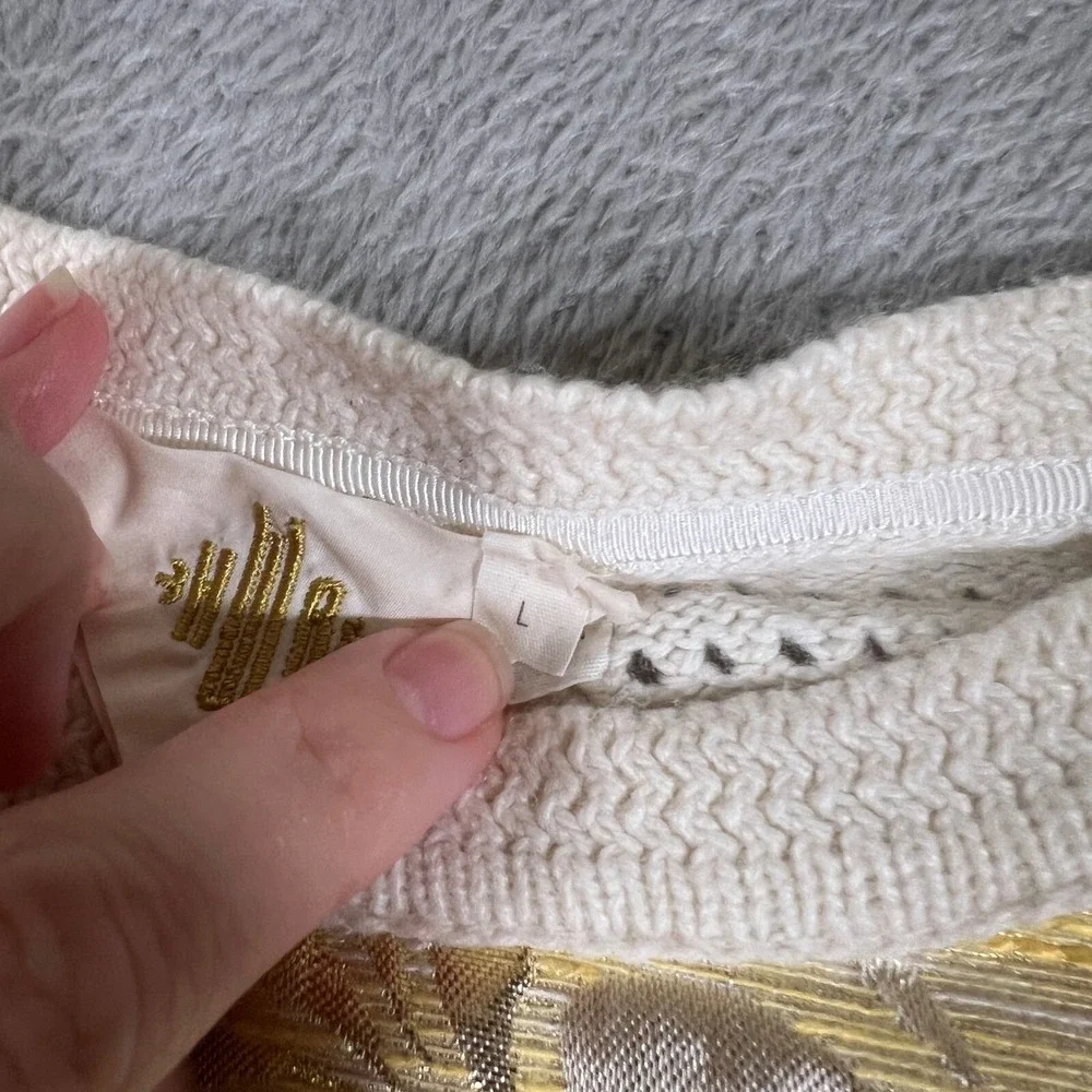 Anthropologie Pullover Womens Small Ivory Gold Leaf Brocade Front Glitter Floral